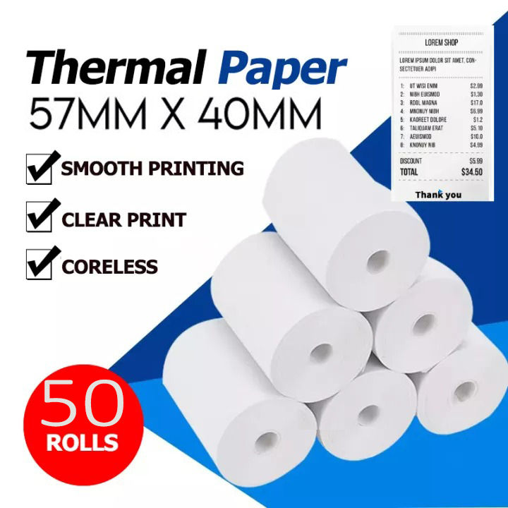 50 Rolls 57mm*40mm Thermal Paper for Thermal Printer (No inner core