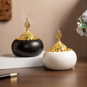 LFPLYQ Arabian Dome Design Incense Burner Ceramic Golden Lid Aromatherapy Censer Portable Hollow Lid Incense Burning Tray Home Decor