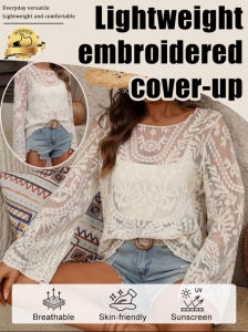 Lightweight Embroidered Cover-up Womens Summer Seaside Vacation Coverup Lightweight Mesh Beach Coverup Jacket Long Sleeve Outer