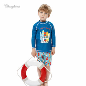 Swimming Outfit for Boys Two Pieces Swimwear for Children Swimming Suit for Boys 2-10 Y Kids Long Sleeve Rash Guard Child Blue Toddler Sandy Beachwear with Swim Cap