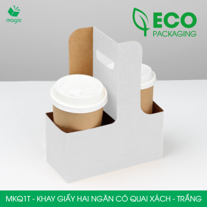 MKQ1T - 17.5x8x9 cm - 60 Khay giấy 2 ngăn quai xách màu nâu siêu chắc hộp giấy 2 ngăn chống thấm đựng ly nước và hoa