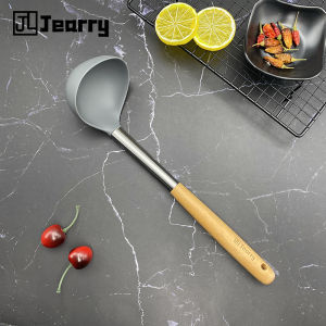Jearry Stainless Steel Silicone Ladle Wooden Handle Heat Resistant Food Grade Cookware