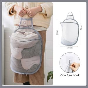Foldable Hanging Laundry Basket/Bathroom Storage laundry Bag Clothes Organizer Laundry Mesh Bag Organizer Laundry Net Wash Bag Thick Fine Mesh Laundry Bag Washing Storage Bag Dirty Clothes Storage Portable Wall-mounted Laundry Hamper