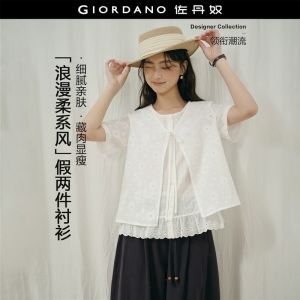 Giordano Women Fake two-piece embroidered cotton blouse Free Shipping 18346226