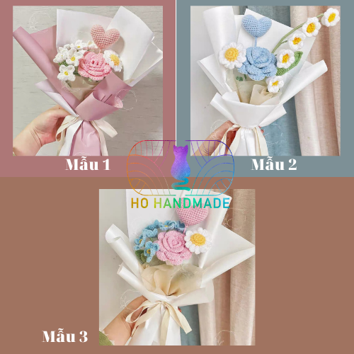 Hoa len handmade, hoa móc len, bó hoa làm quà tặng được bó sẵn, nhiều màu sắc