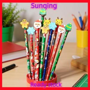 SQ Stationery [Flash Sale] 12Pcs Christmas Pencils With Cartoon Eraser Santa Claus Xmas Tree Wooden Pencils For Student School Supplies Childrens Gifts