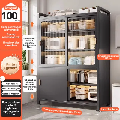 Lemari Dapur Estetik Minimalis Rak Piring Susun Tertutup Lemari Oven Microwave Serbaguna Rak Penyimpanan Dapur Carbon Steel