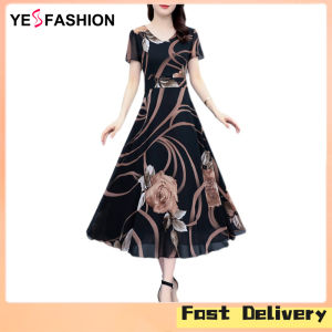 Yesfashion Store IN stockSummer Floral Printing Midi Skirt For Women Stylish Short Sleeves Dress Round Neck Waist-in A-line Skirt