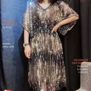 Fashion Party Womens Wear New Glittering Nail Bead Sequin Waist Elastic Bat Sleeve Dress Vintage Vestido Christening Dress