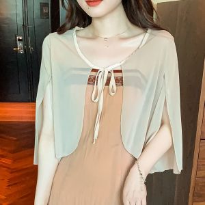 Impression Fashion Women Elegant Korean Plain Net Yarn O-neck 3/4 Sleeve Irregular Sun-protective Shawl Cardigan