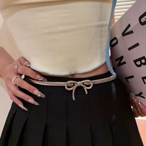 Y2K Hollow Bow Belts Summer Women Girls Silver Color Metal Elastic Belts Casual Comfortable Thin Dress Belts Party Fashion Accessory