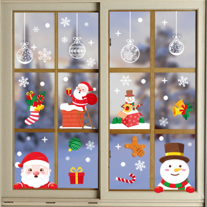 COMBO-Decal trang trí NOEL HÍT TĨNH ĐIỆN -Bốn bạn Noel tinh nghịch dưới rèm cầu tuyết trắng (5 tấm)-CDN151