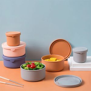 【2Size/Set】Silicone Round Food Crisper With Lid Storage Box Lunch Box Bento Box Kitchen Storage Microwave Fruit Salad Fresh-Keeping