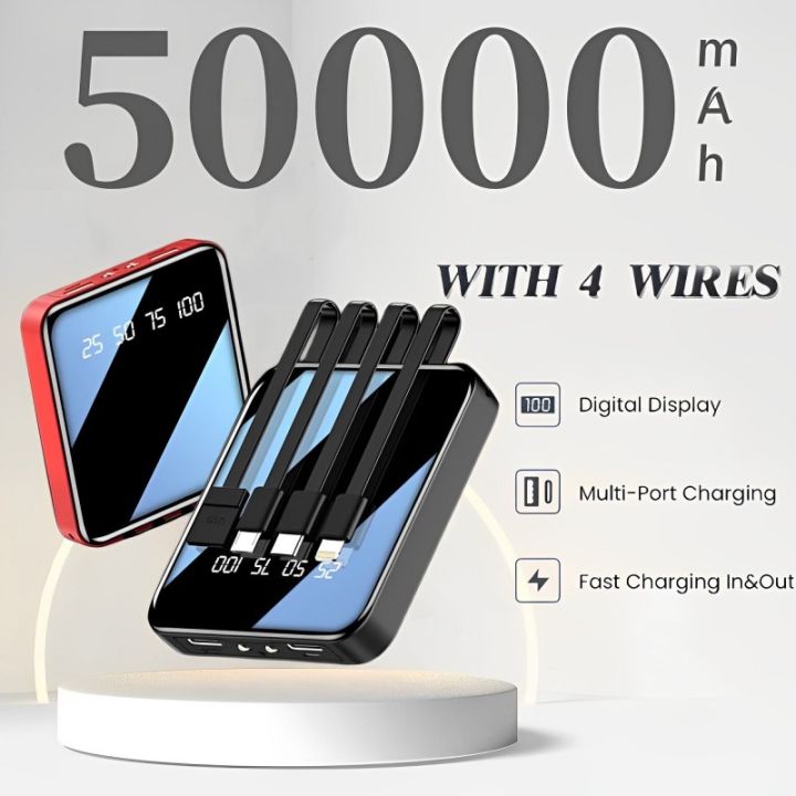 100 50000mAh PowerBank original brand Builtin 4 Cable 2.1A Fast