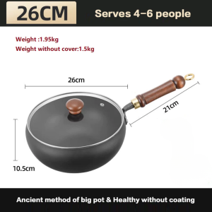 🐻DAILY2U🐻 26cm Cast Iron Wok Pan with Non-Stick Deep-Frying Pan with Lid & Carbon Steel Flat Bottom Skillet for Gas & Induction Stove Healthy Kitchen Cookware Stir Fry & Deep Fry