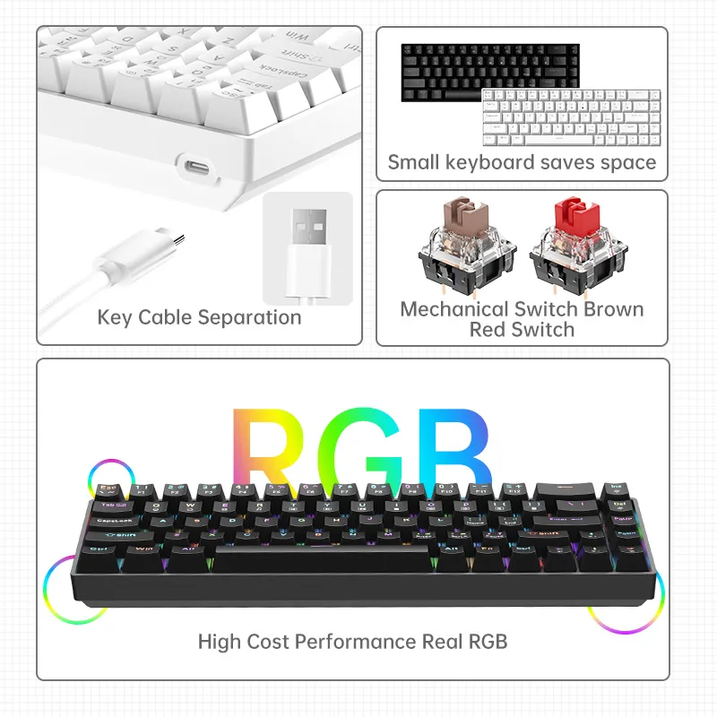 ZIFRIEND TK68 68 Keys Mechanical Keyboard Wired RGB Backlight Mini