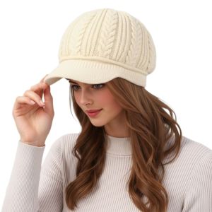MAYIT Len Mũ beret mùa đông cho phụ nữ Bảo vệ tai Dày hơn Mũ đan Thường ngày Ấm áp Mũ lưỡi vịt Ngoài trời