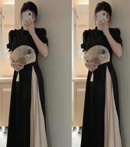 COCOEPPS Sườn Xám Cải Tiến Pháp Mới Xuân Hè Đầm Đen Sang Trọng Nhẹ Cao Cấp QQ