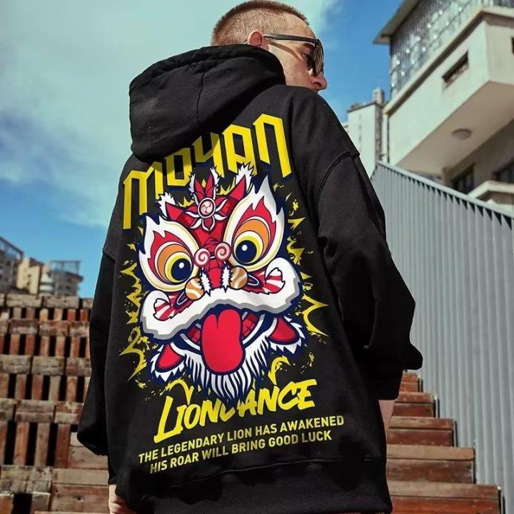 Veidoo M-8XL Men hoodie Chinese style dancing lion print hoodie