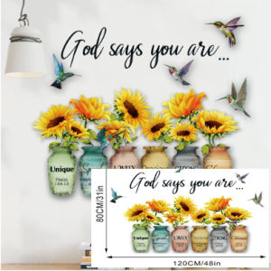 Sunflower Wall Stickers with Hummingbirds & Inspirational Quotes – “God Says You Are…” Design Bible Verse on Mason Jars Removable Vinyl Wall Decals for Bedroom Nursery Office or Living Room Home Decoration