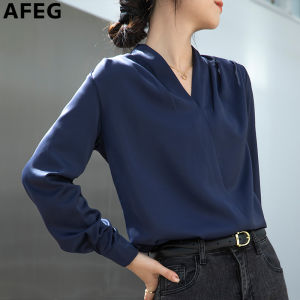 AFEG solid color new Korean version V-neck fashion loose and versatile style silk satin long-sleeved blouse