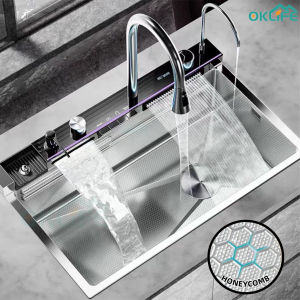 [OKLIFE. SG]SUS 304 Stainless Steel Large Single Sink Waterfall Digital Display Multifunctional Embossed Honeycomb Sink