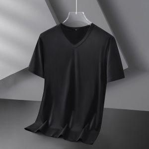 Versatile Ice Silk Short Sleeve T-shirt Mens Summer V-Neck Solid Black 2023 New Quick Drying Half Sleeve T-shirt