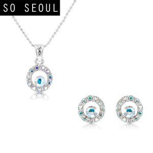 SO SEOUL Halo Open Circle Aurore Boreale Austrian Crystal Earrings with Pendant Chain Necklace Jewelry Gift Set