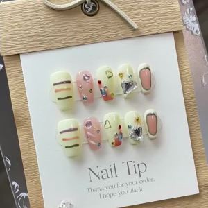 [HANDMADE]Artificial Nail Milky White Plaid Graffiti Color Phototpy Nails Reusable and Removable Nails