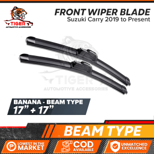 TIGERAUTO Suzuki Carry 2019 to Present 17" + 17" Car Windshield Wiper Blade Set Pair - BEAM or FRAME Banana Frameless Design Aluminum Framed Auto Windshield Substitute ABS Plastic Universal Front Shield Wiper Heavy Duty Silent Grade Silicone Rubber