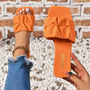 [Free Shipping] New Korean-Style WomenS Sandals For Outdoor Wear Flat-Soled Pleated Fashionable Large Size Slip-On Sandals