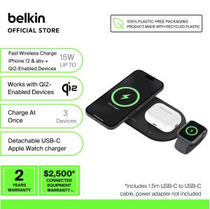 Belkin WIZ022qc BoostCharge Pro 3in1 Magetic Wireless Charging Pad with Qi2 15W (iphoneqi2 devicesapple watchairpods)
