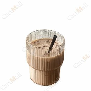 300ml Glass Coffee Cup Tea Milk Yogurt Mug Creative Transparent Straight Vertical PatternDrinkware