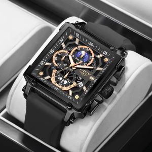 LIGE New Men Watches Luxury Hollow Square Sport Watch For Men Fashion Silicone Strap Waterproof Quartz WristWatch+Box