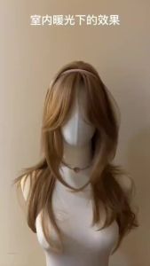 Light Brown Wig Female Headband Body Honey Brown Wavy Rose Hair Net Models in French Bangs High Level Simulation Hair Wig
