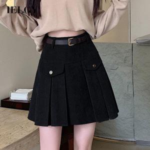 IELGY corduroy pleated skirt womens high waist A-line slim