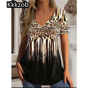 2026 Fashion Flowers Print T-Shirt Womens Short Sleeve Tops Casual V-Neck Tee Summer Female Streetwear Oversized Women Pullover