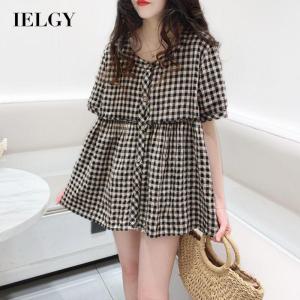 IELGY womens korean style loose all match sweet plaid short sleeve shirt