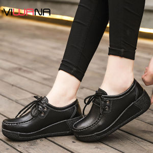 VIWANAรองเท้าส้นสูงสำหรับสตรียกพื้นหนังแท้รองเท้าผ้าใบด้านล่างหนารองเท้าสวมส้นเตี้ยรองเท้าผู้หญิงเกาหลีสไตล์รองเท้าลำลอง