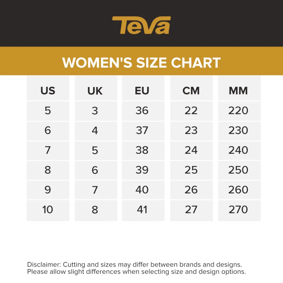 Size deals chart teva