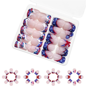 48 Pcs Short Press On Nail 4th of July Acrylic Nail Glittering Full Cover Stick on Nail French Tip False Nail for Woman