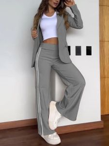 Casual Lapel Blazer and Wide-Leg Pants Set Fashion Office Ladies Suit S-3XL