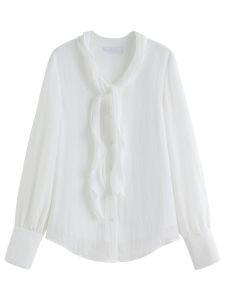  FSLE Autumn Elegant Blouse 2026 Asymmetric Flounce Shirt V-Neck Korean Style Chic Design Office Lady Womens Casual Shirt 2026