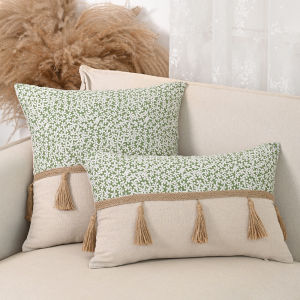 【In stock】30x50cm/45x45cm Linen Cushion Cover with Tassels Boho Botanical Print Patchwork Pillow Case Luxury Throw Covers for Sofa Farmhouse Vintage Style