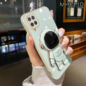 MHKEID Casing Ponsel untuk Samsung A12 5G M12 F12 A11 M11 Case lucu kartun astronot dudukan ponsel Casing Plating HP ponsel lipat kamera pelindung Kesing anti guncangan Softcase