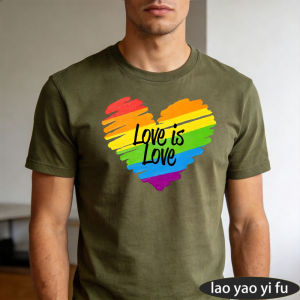 [Local Stock] HBESTY Brush Stroke Rainbow Heart Love Is Love Slogan Men Summer Cotton T Shirt Simple Pride Graphic Niche Casual Tee