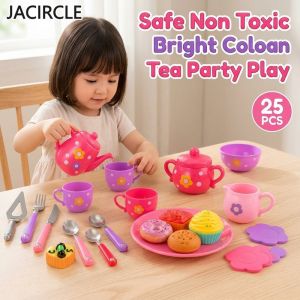 Kids Tea Set Pretend Play Teapot Teacups Serving Tray Kitchen Role Play Durable Plastic Home Play