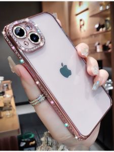 CrashStar Plating Glitter Diamond Edge Gorgeous Fashion Soft Silicone Shockproof Phone Case For iPhone 16 15 14 Pro Max Plus 13 12 11 Pro Max Transparent Bling Luxury Phone Cover Shell With Glitter Lens Film Protection