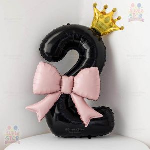 32inch Black Number Balloon Set with Gold Mini Crown & Pink Bow Foil Balloon Coquette Style Decor for Debut Birthday Party Needs Home Decor