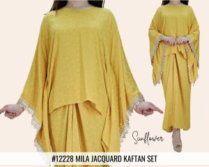 89 [Ready Stock] 2024 MILA JACQUARD KAFTAN SET Korean Sheen Jacquard With Gold Lace Trim On Sleeves 12228 Material Baru! Berat Soft Sejuk & Enhanced Slimming Effect